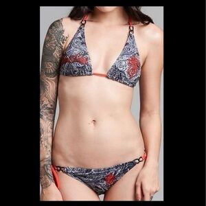 NWT Sexy Vintage Sinful Affliction Rebel Saints Tri-Top Tie Side Bling Bikini